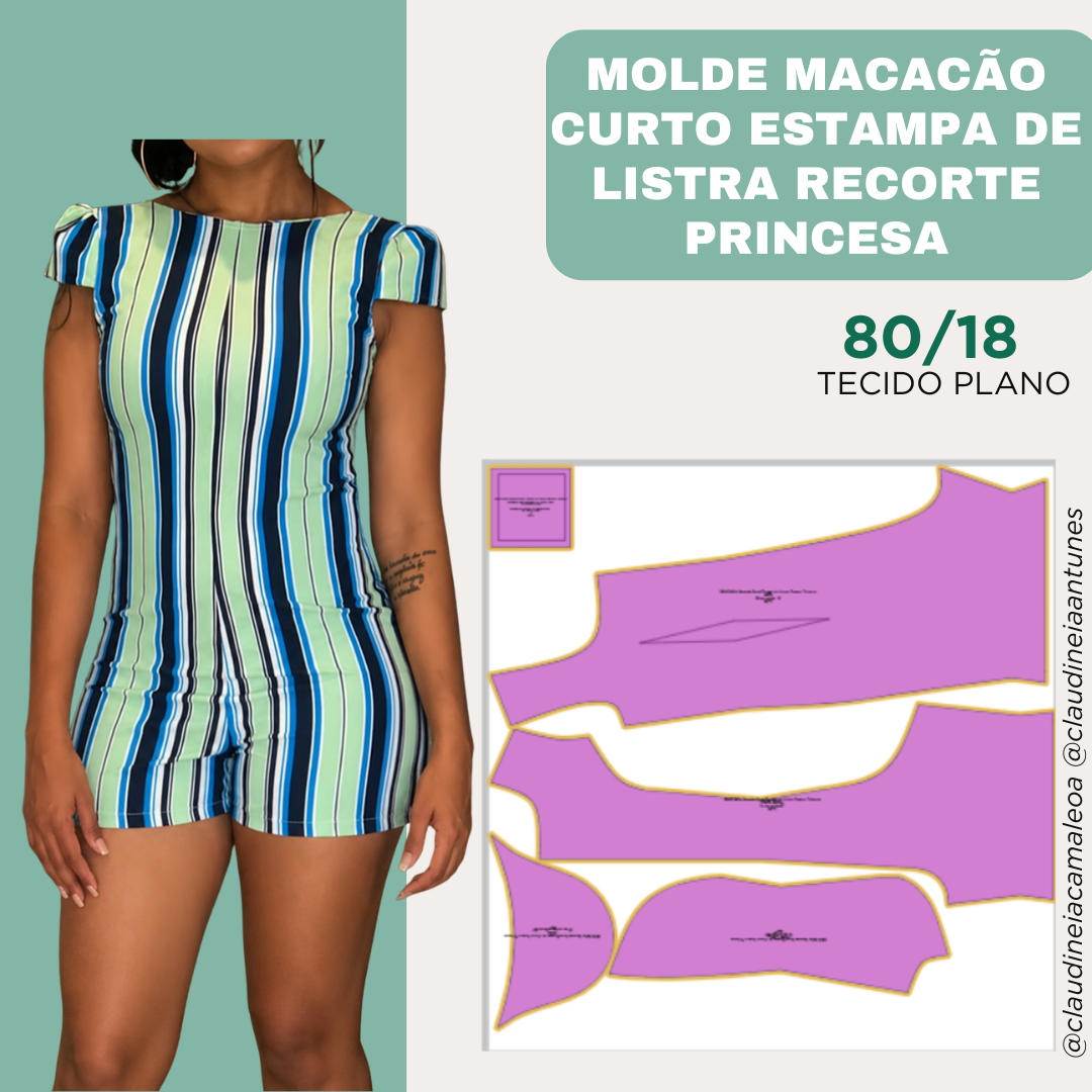 Molde Macacão Curto Estampa de Listra Recorte Princesa 80/18 - Image 5
