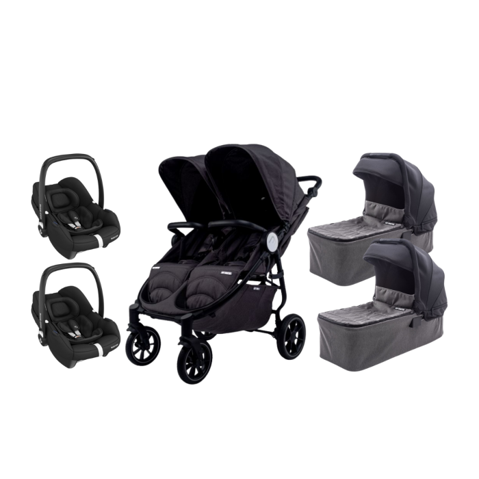 Baby Monsters – Carrinho Gémeos Easy Twin 4+Alcofas+Ovinhos Cabriofix+Adaptadores – Black