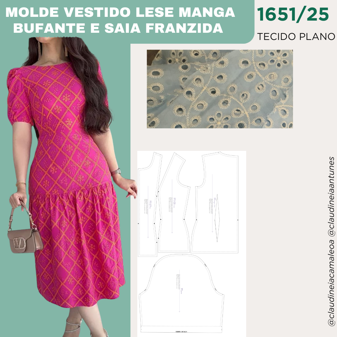 1651/25 Molde Vestido Lese Manga Bufante e Saia Franzida - Image 4