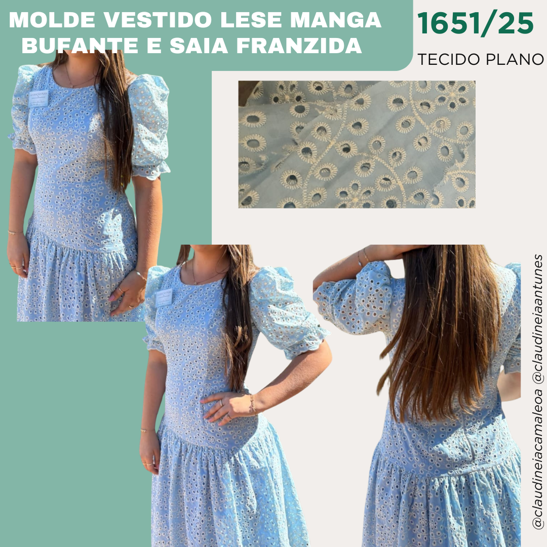 1651/25 Molde Vestido Lese Manga Bufante e Saia Franzida