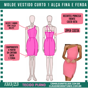Molde Vestido Curto 1 Alça Fina e Fenda 1313/23