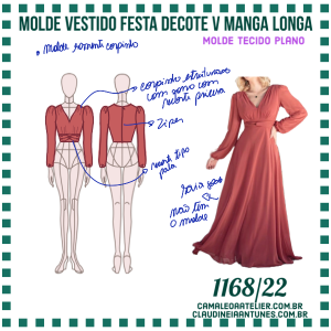 Molde Vestido Festa Decote V manga Longa 1168/22