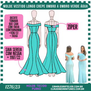 Molde Vestido Longo Crepe Ombro a Ombro Verde Agua 1276/23