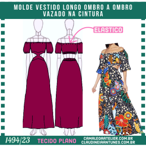 Molde Vestido Longo Ombro a Ombro Vazado Cintura 1494/23