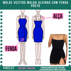 Molde Vestido Malha Alcinha com Fenda Preto 1483/23