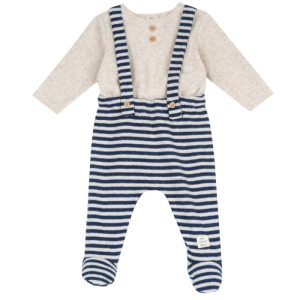 Chicco – Conjunto Camisola+Jardineiras – Riscas Azul/Bege