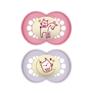 MAM – 2 Chupetas Original Night – Tetina Silicone – Coruja Rosa/Lilás +6m