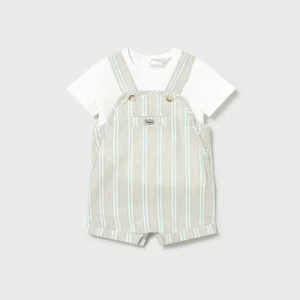 Mayoral – Conjunto Jardineiras+T-Shirt – Riscas Bege