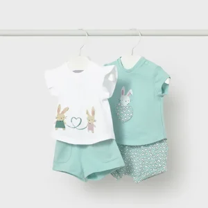 Mayoral – 2 Conjuntos Camisola+Calções – Coelhinhos Verde/Branco
